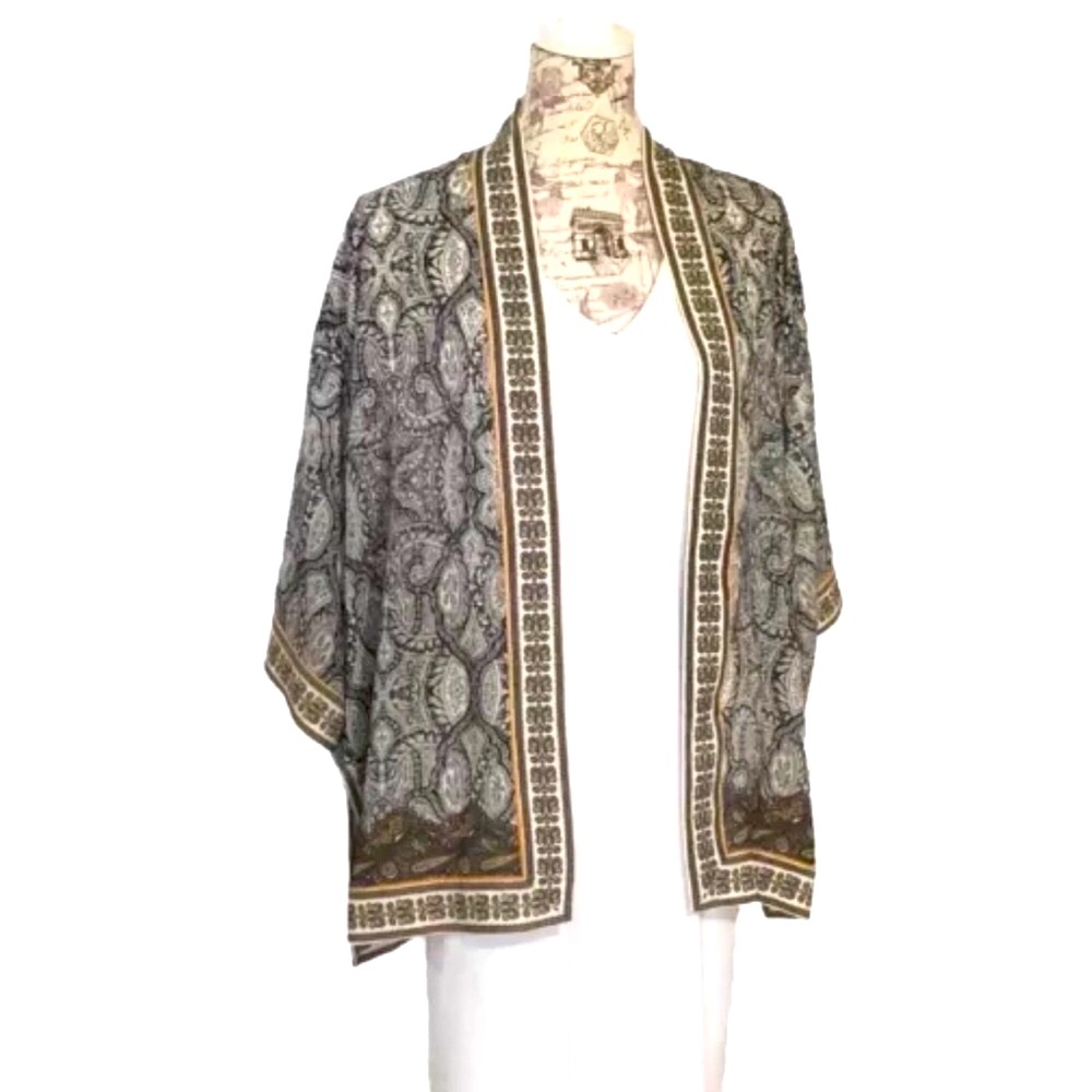 Max Studio open front Kimono Duster black cream yellow oversized fits XS & Small